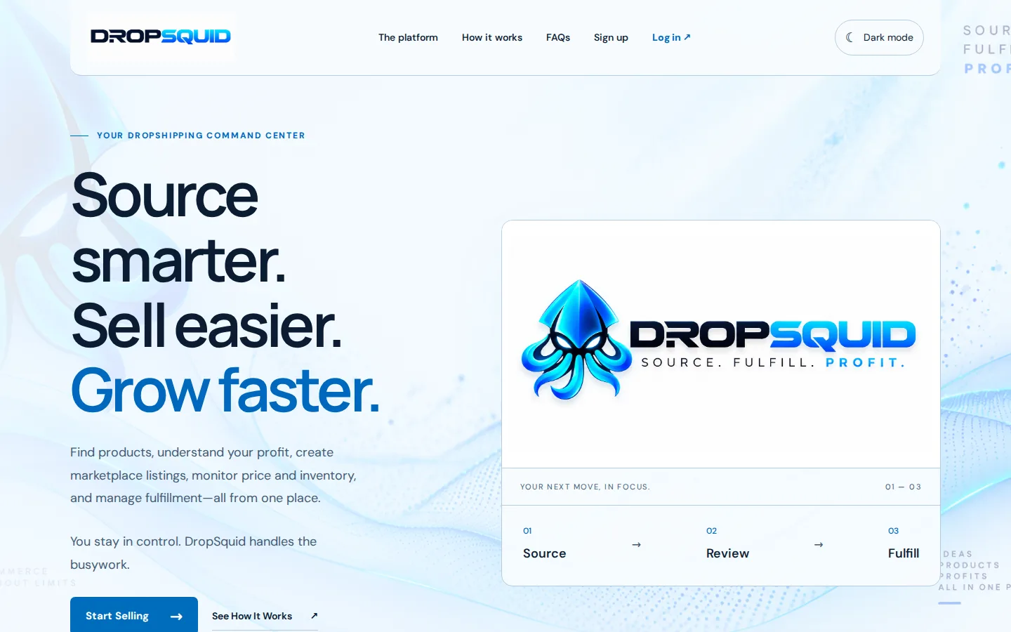 The dropsquid.com home page: Source smarter. Sell easier. Grow faster.