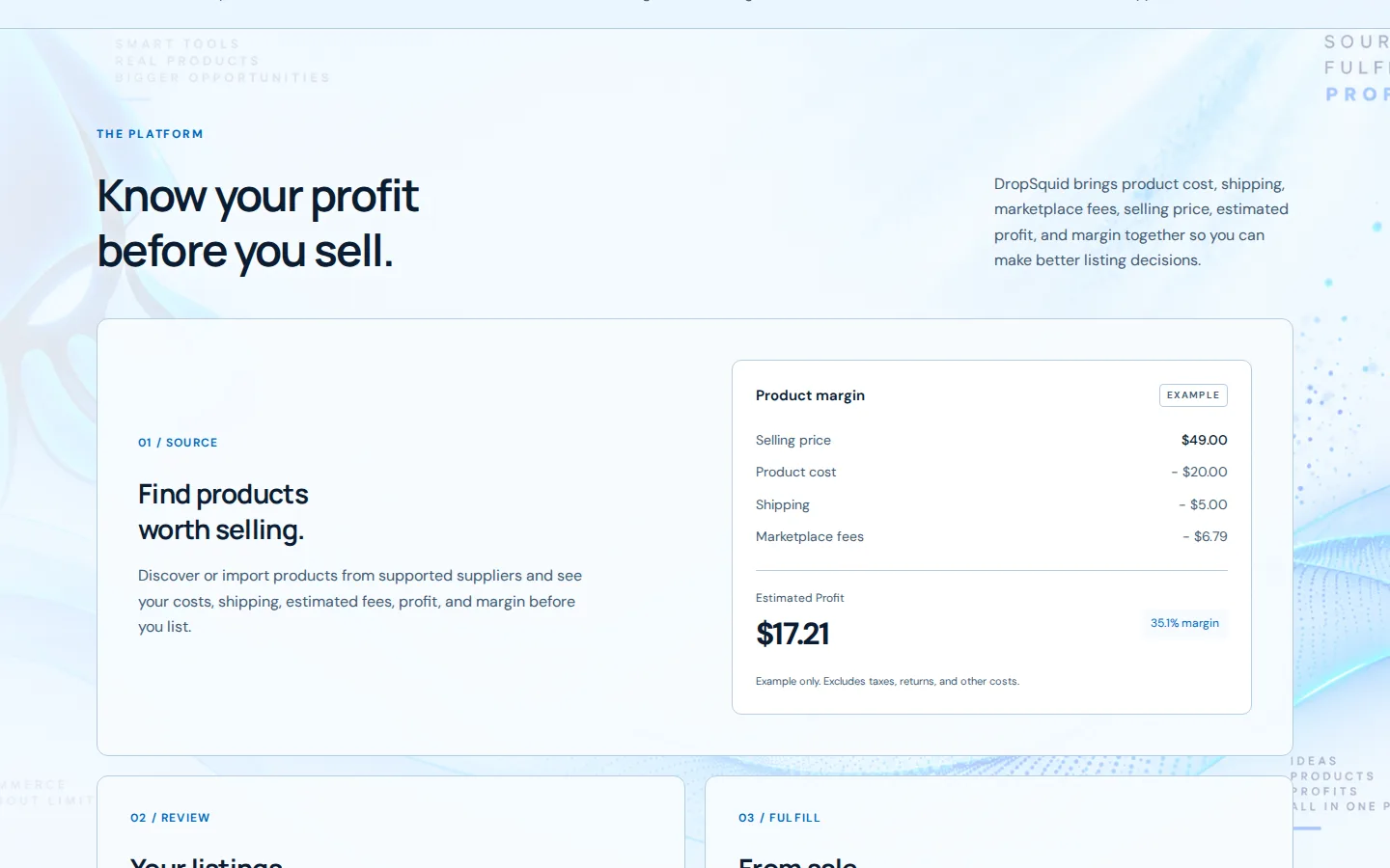dropsquid.com platform section: Know your profit before you sell, with an example product margin breakdown