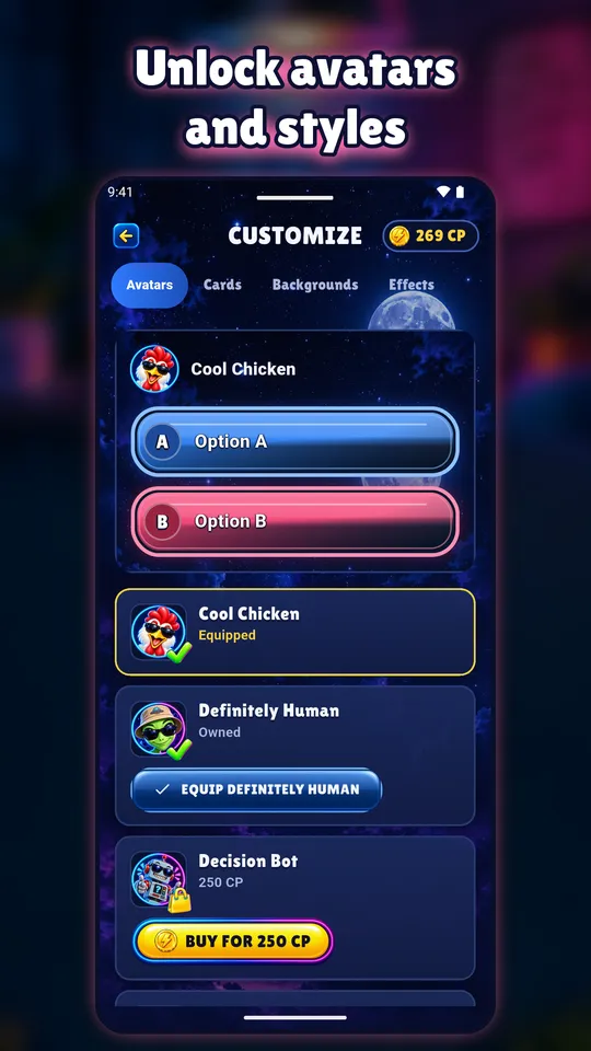 Customize screen with avatars and card styles