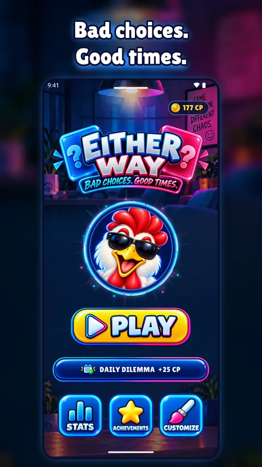 Home screen with the Play button, Daily Dilemma and Customize options