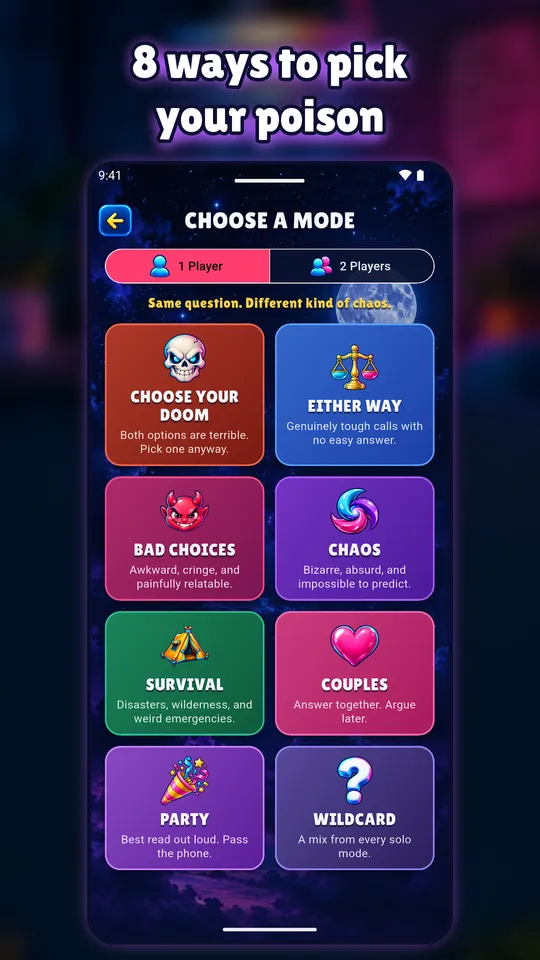 Mode selection screen showing the eight game modes