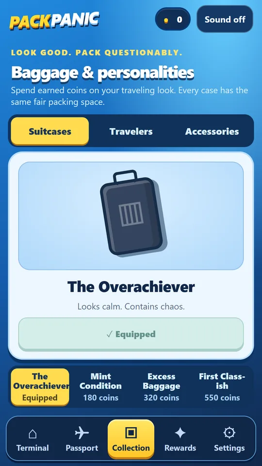 Collection screen with suitcases to unlock with earned coins