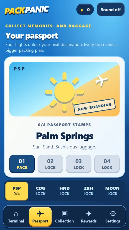 Passport screen showing Palm Springs and four locked flights