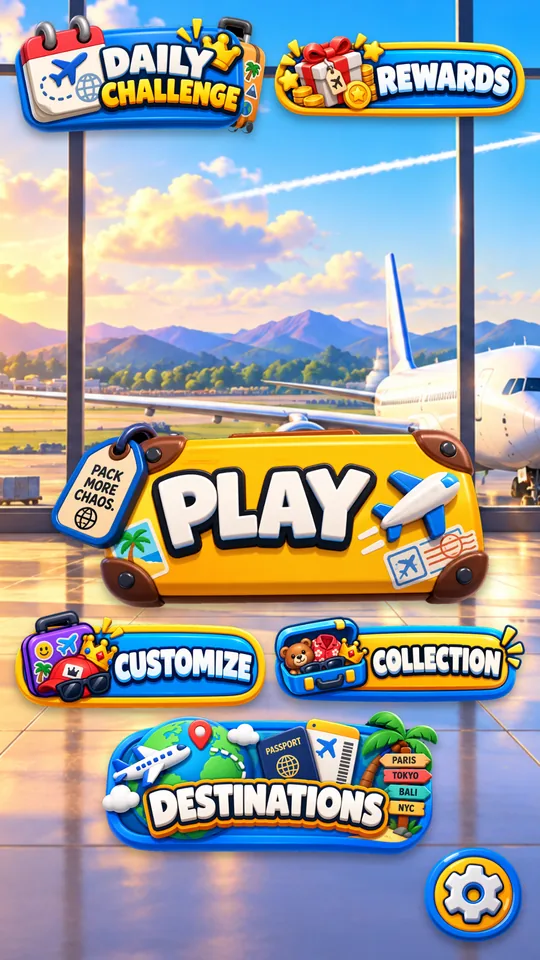 Airport home screen with Play, Daily Challenge, Rewards, Customize, Collection and Destinations